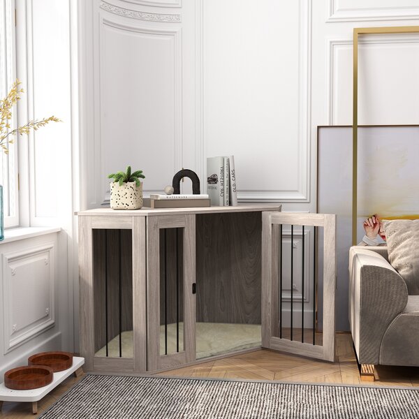 PawHut 2 in 1 Dog Crate Furniture Side Table, with Cushion, 122 x 61 x 71cm - Walnut Brown Aosom UK