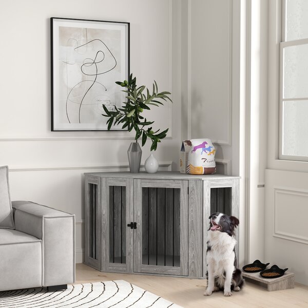 PawHut 2 in 1 Dog Crate Furniture Side Table, with Cushion, 122 x 61 x 71cm - Grey Aosom UK