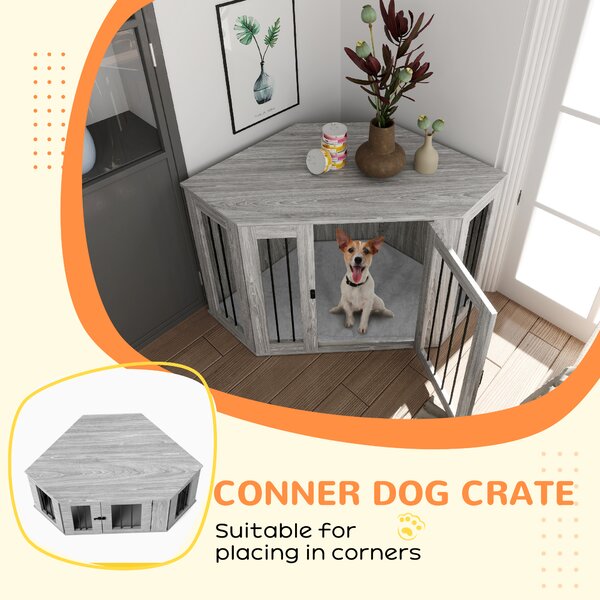 PawHut 2 in 1 Dog Crate Furniture Side Table, with Cushion, 122 x 61 x 71cm - Grey Aosom UK