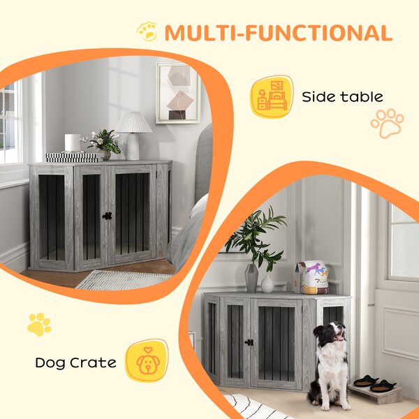 PawHut 2 in 1 Dog Crate Furniture Side Table, with Cushion, 122 x 61 x 71cm - Grey Aosom UK