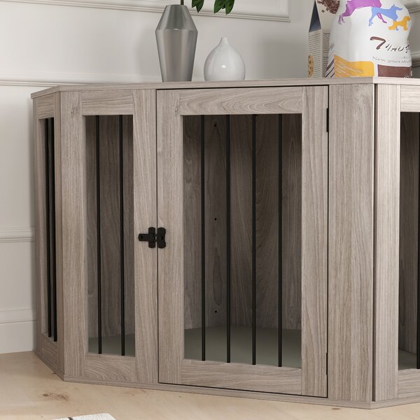 PawHut 2 in 1 Dog Crate Furniture Side Table, with Cushion, 122 x 61 x 71cm - Walnut Brown Aosom UK