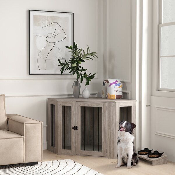 PawHut 2 in 1 Dog Crate Furniture Side Table, with Cushion, 122 x 61 x 71cm - Walnut Brown Aosom UK