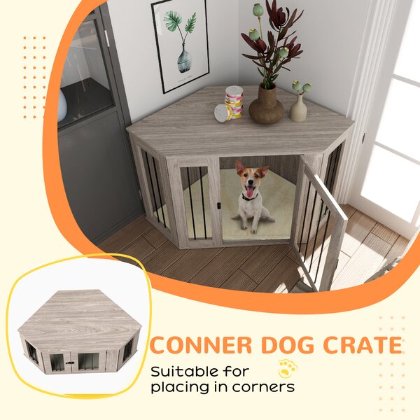 PawHut 2 in 1 Dog Crate Furniture Side Table, with Cushion, 122 x 61 x 71cm - Walnut Brown Aosom UK