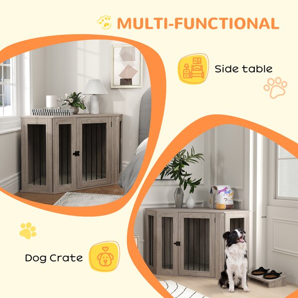 PawHut 2 in 1 Dog Crate Furniture Side Table, with Cushion, 122 x 61 x 71cm - Walnut Brown Aosom UK