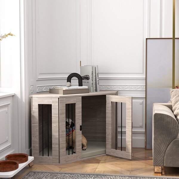 PawHut 2 in 1 Dog Crate Furniture Side Table, with Cushion, 104 x 55 x 63cm - Walnut Brown Aosom UK
