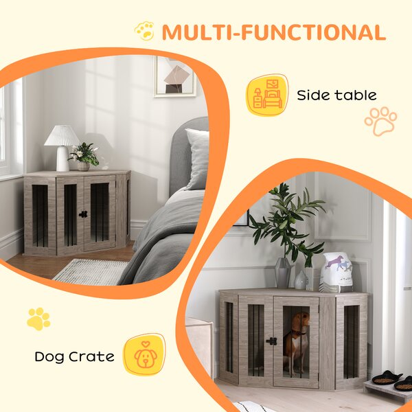 PawHut 2 in 1 Dog Crate Furniture Side Table, with Cushion, 104 x 55 x 63cm - Walnut Brown Aosom UK