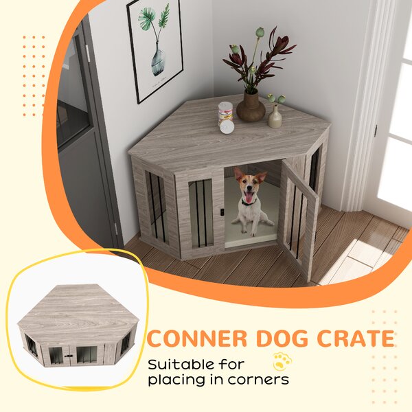 PawHut 2 in 1 Dog Crate Furniture Side Table, with Cushion, 104 x 55 x 63cm - Walnut Brown Aosom UK