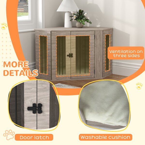 PawHut 2 in 1 Dog Crate Furniture Side Table, with Cushion, 104 x 55 x 63cm - Walnut Brown Aosom UK