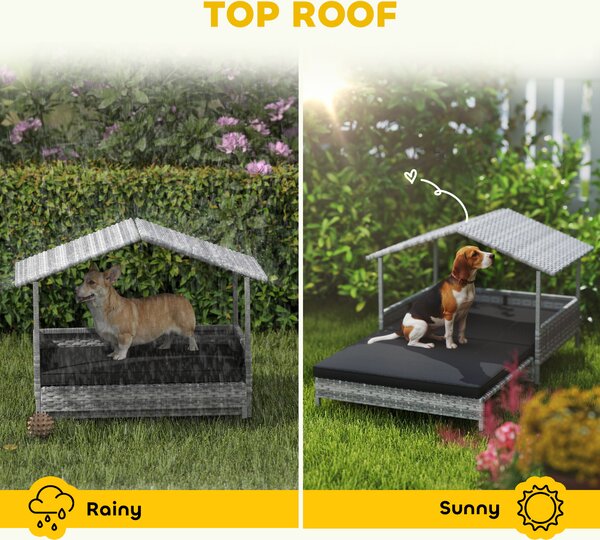 PawHut Extendable Elevated Dog Bed, Rattan Dog House, with Water-Resistant Roof, Removable Cushion, Charcoal Grey