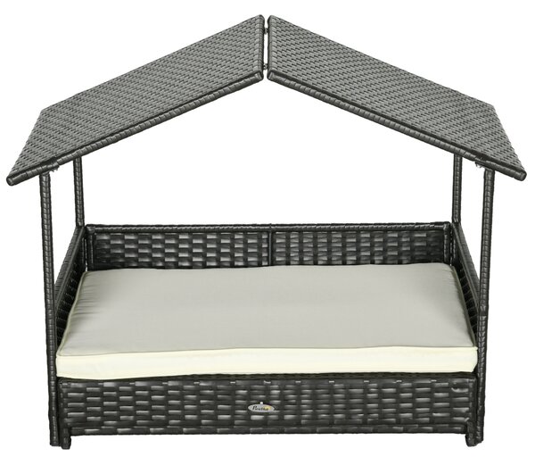 PawHut Extendable Elevated Dog Bed, Rattan Dog House, with Water-Resistant Roof, Removable Cushion, for Small, Medium Dogs