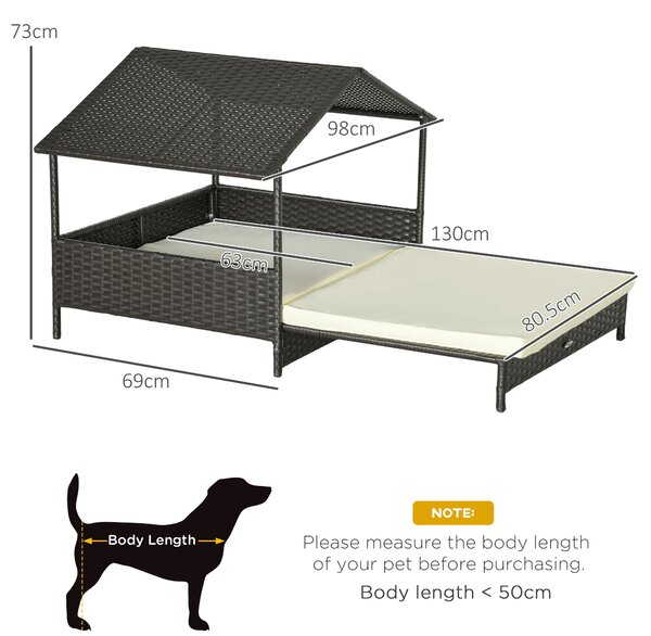 PawHut Extendable Elevated Dog Bed, Rattan Dog House, with Water-Resistant Roof, Removable Cushion, for Small, Medium Dogs
