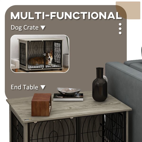 PawHut 29.5" Indoor Dog Crate Furniture End Table w/ Plush Washable Cushion, Lockable Door, for Medium Size Dogs Aosom UK