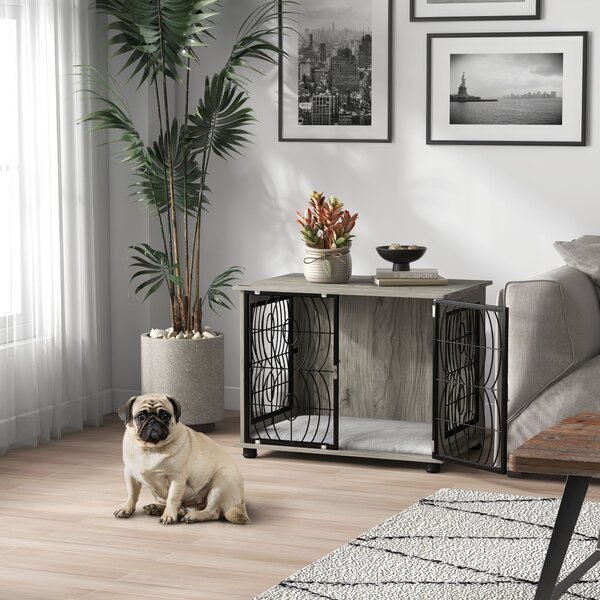 PawHut 29.5" Indoor Dog Crate Furniture End Table w/ Plush Washable Cushion, Lockable Door, for Medium Size Dogs Aosom UK