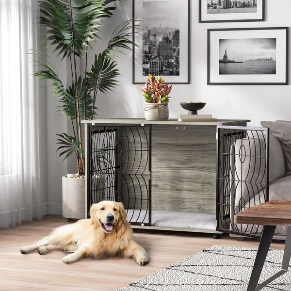 PawHut 37" Indoor Dog Crate Furniture End Table w/ Plush Washable Cushion, Lockable Door, for Large Size Dogs Aosom UK