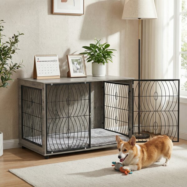 PawHut 46.46'' Indoor Dog Crate Furniture End Table w/ Plush Washable Cushion, Lockable Door, for Extra Large Size Dogs Aosom UK