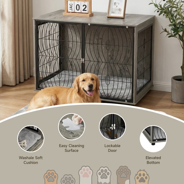 PawHut 46.46'' Indoor Dog Crate Furniture End Table w/ Plush Washable Cushion, Lockable Door, for Extra Large Size Dogs Aosom UK