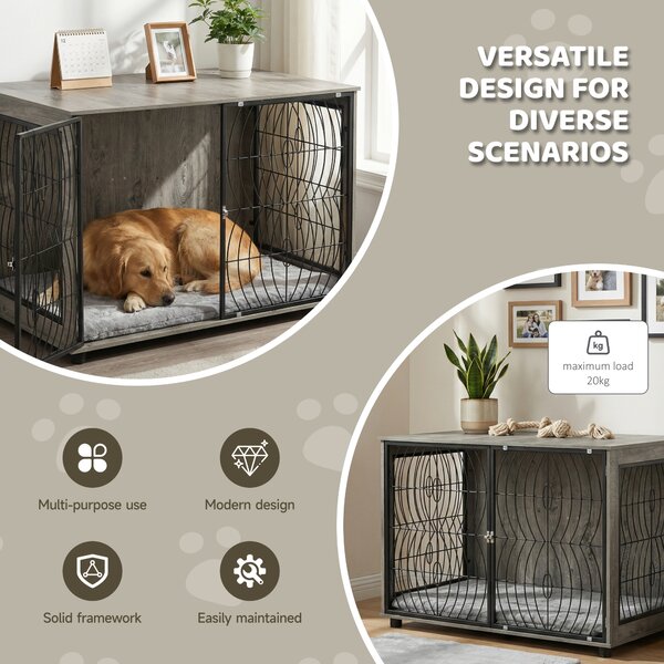 PawHut 46.46'' Indoor Dog Crate Furniture End Table w/ Plush Washable Cushion, Lockable Door, for Extra Large Size Dogs Aosom UK