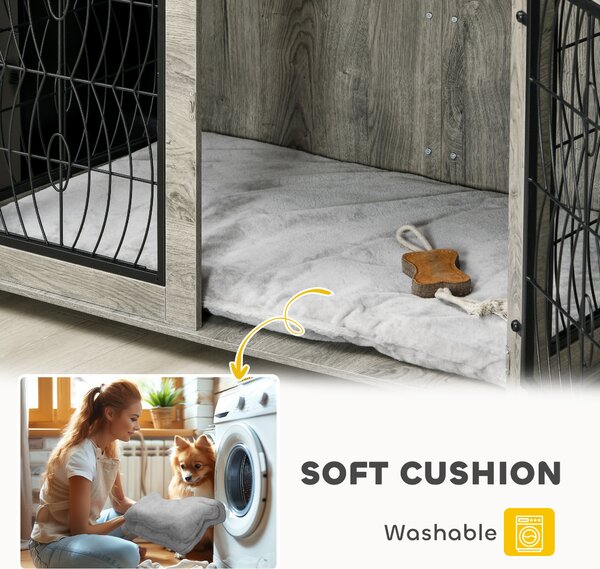 PawHut 37" Indoor Dog Crate Furniture End Table with Soft Washable Cushion, Lockable Front Door, for Large Dogs Aosom UK