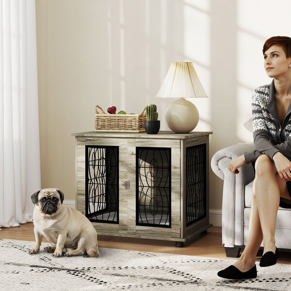 PawHut 29.5" Indoor Dog Crate Furniture End Table with Soft Washable Cushion, Lockable Front Door, for Medium Dogs