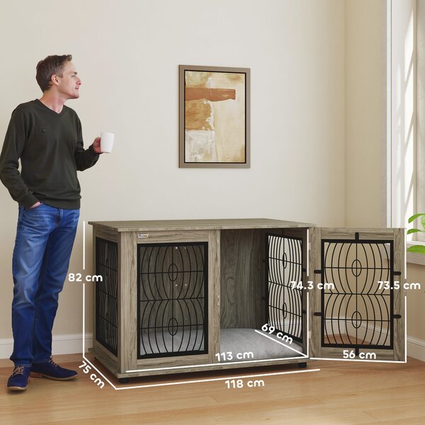 PawHut 46.46'' Indoor Dog Crate Furniture End Table with Soft Washable Cushion, Lockable Front Door, for Extra Large Dogs Aosom UK