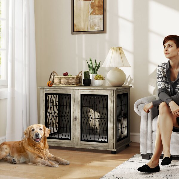 PawHut 37" Indoor Dog Crate Furniture End Table with Soft Washable Cushion, Lockable Front Door, for Large Dogs Aosom UK
