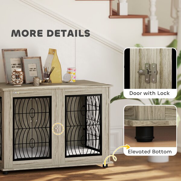 PawHut 46.46'' Indoor Dog Crate Furniture End Table with Soft Washable Cushion, Lockable Front Door, for Extra Large Dogs Aosom UK