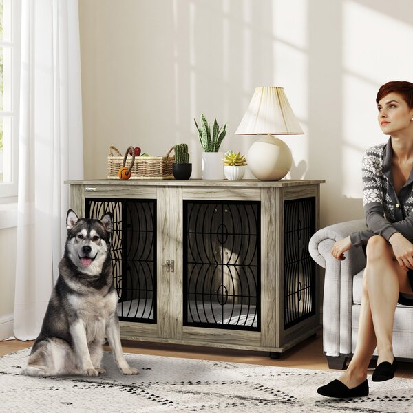 PawHut 46.46'' Indoor Dog Crate Furniture End Table with Soft Washable Cushion, Lockable Front Door, for Extra Large Dogs Aosom UK