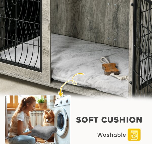 PawHut 46.46'' Indoor Dog Crate Furniture End Table with Soft Washable Cushion, Lockable Front Door, for Extra Large Dogs Aosom UK