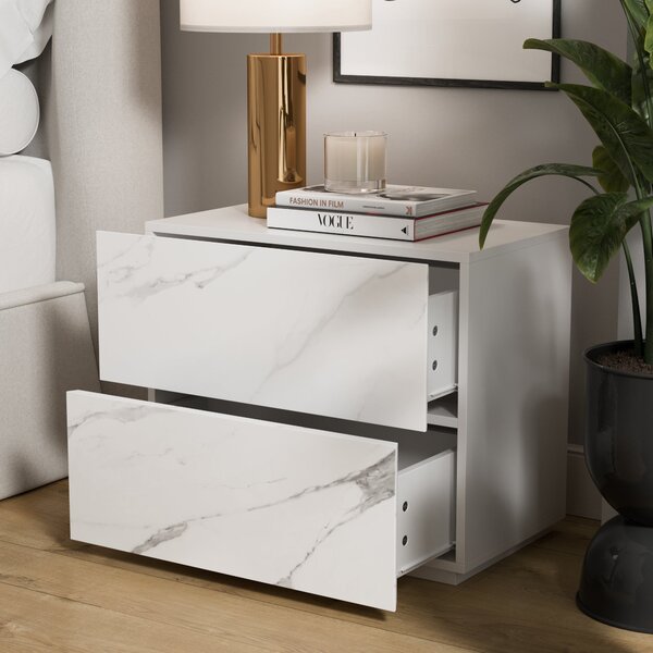 Viola 2 Drawer Bedside Table, White Marble Effect