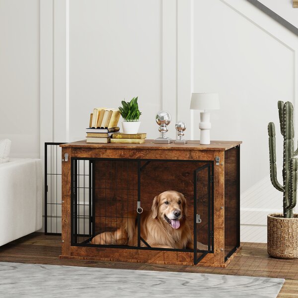 PawHut Dog Crate Furniture with Flip-up Top, 2 Doors, for Large Dogs, 98 x 60 x 65.5cm, Rustic Brown