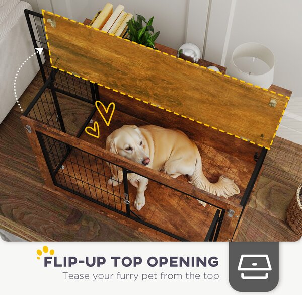 PawHut Dog Crate Furniture with Flip-up Top, 2 Doors, for Large Dogs, 98 x 60 x 65.5cm, Rustic Brown