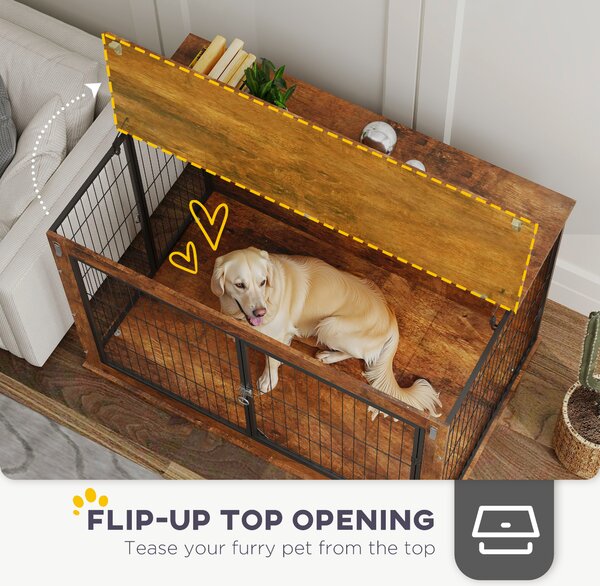 PawHut Dog 46.46’‘ Crate Furniture with Flip-up Top, 2 Lockable Doors, for Extra Large Dogs, Rustic Brown Aosom UK