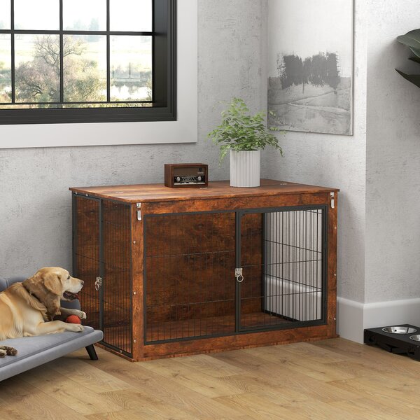 PawHut Dog 46.46’‘ Crate Furniture with Flip-up Top, 2 Lockable Doors, for Extra Large Dogs, Rustic Brown Aosom UK