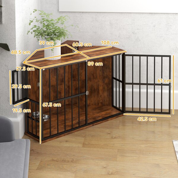PawHut Dog Crate Furniture , Corner Dog Cage with 2 Bowls & Lockable Doors, for Small/Medium Dogs, Rustic Brown Aosom UK