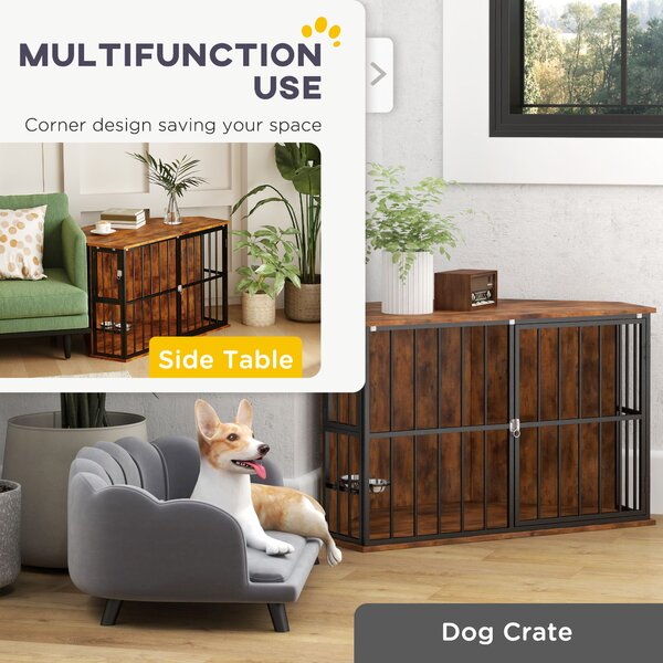 PawHut Dog Crate Furniture , Corner Dog Cage with 2 Bowls & Lockable Doors, for Small/Medium Dogs, Rustic Brown Aosom UK