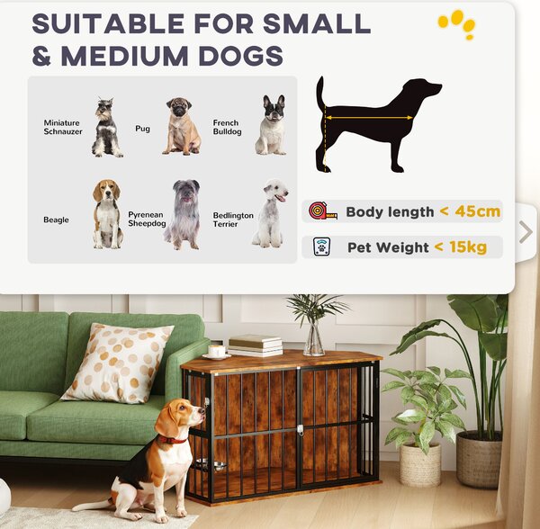 PawHut Dog Crate Furniture , Corner Dog Cage with 2 Bowls & Lockable Doors, for Small/Medium Dogs, Rustic Brown Aosom UK