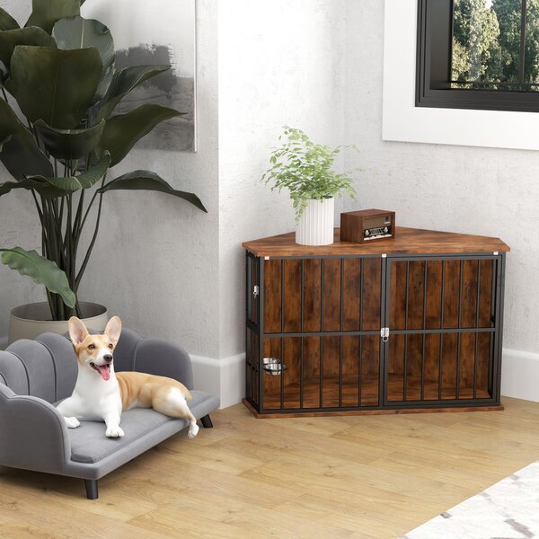 PawHut Dog Crate Furniture , Corner Dog Cage with 2 Bowls & Lockable Doors, for Small/Medium Dogs, Rustic Brown Aosom UK