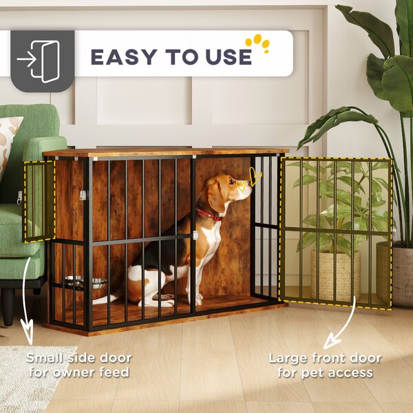 PawHut Dog Crate Furniture , Corner Dog Cage with 2 Bowls & Lockable Doors, for Small/Medium Dogs, Rustic Brown Aosom UK