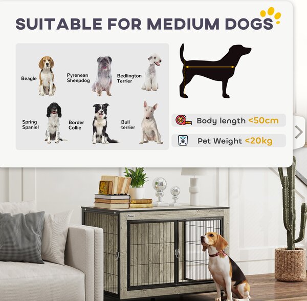 PawHut Dog Crate Furniture with Wheels, Double Doors, for Medium Dogs, 80 x 56 x 62.5cm, Grey