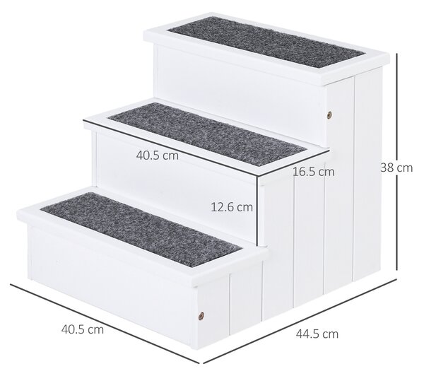 PawHut 3 Step Wooden Pet Stairs, Carpeted Ramp for Cats & Small Dogs, Non-Slip Carpet, Compact, White Aosom UK