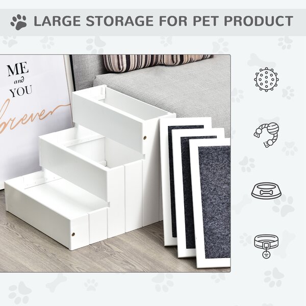 PawHut 3 Step Wooden Pet Stairs, Carpeted Ramp for Cats & Small Dogs, Non-Slip Carpet, Compact, White Aosom UK