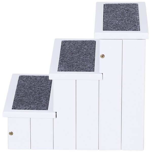 PawHut 3 Step Wooden Pet Stairs, Carpeted Ramp for Cats & Small Dogs, Non-Slip Carpet, Compact, White Aosom UK