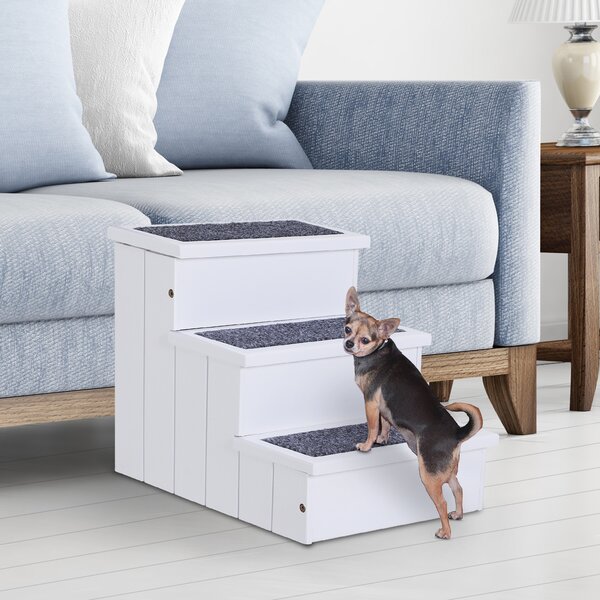 PawHut 3 Step Wooden Pet Stairs, Carpeted Ramp for Cats & Small Dogs, Non-Slip Carpet, Compact, White Aosom UK