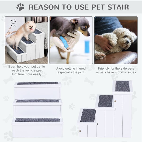 PawHut 3 Step Wooden Pet Stairs, Carpeted Ramp for Cats & Small Dogs, Non-Slip Carpet, Compact, White Aosom UK