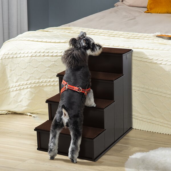 PawHut 4 Step Cushioned Pet Stairs Ramp Steps for Dogs, Cat Ladder for Bed Couch with Non-Slip Carpet, 40 x 59 x 54.2 cm, Dark Coffee Aosom UK