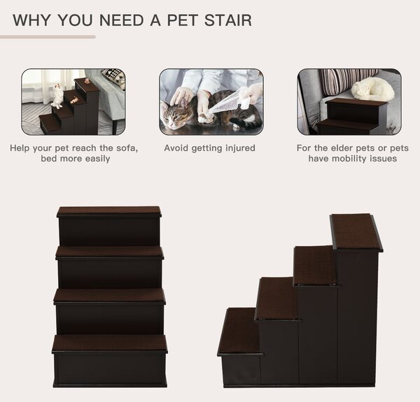 PawHut 4 Step Cushioned Pet Stairs Ramp Steps for Dogs, Cat Ladder for Bed Couch with Non-Slip Carpet, 40 x 59 x 54.2 cm, Dark Coffee Aosom UK