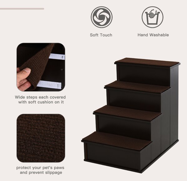PawHut 4 Step Cushioned Pet Stairs Ramp Steps for Dogs, Cat Ladder for Bed Couch with Non-Slip Carpet, 40 x 59 x 54.2 cm, Dark Coffee Aosom UK