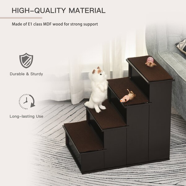 PawHut 4 Step Cushioned Pet Stairs Ramp Steps for Dogs, Cat Ladder for Bed Couch with Non-Slip Carpet, 40 x 59 x 54.2 cm, Dark Coffee Aosom UK