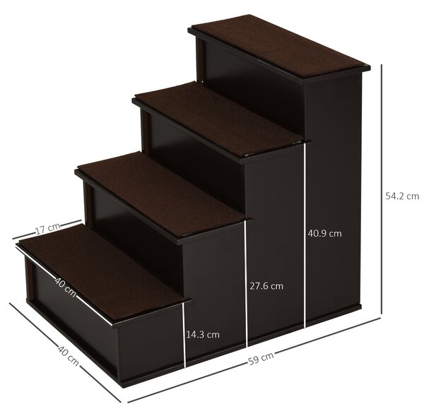 PawHut 4 Step Cushioned Pet Stairs Ramp Steps for Dogs, Cat Ladder for Bed Couch with Non-Slip Carpet, 40 x 59 x 54.2 cm, Dark Coffee Aosom UK
