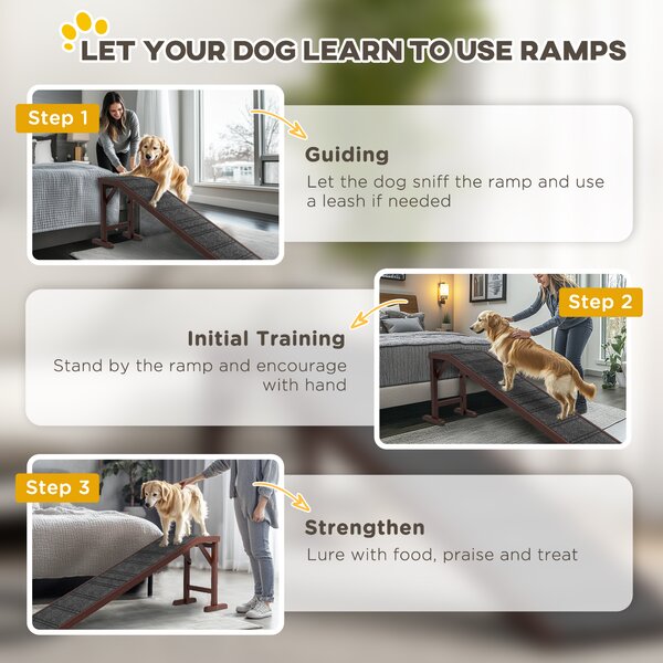 PawHut Pet Ramp for Dogs Non-slip Carpet Top Platform Pine Wood 188 x 40.5 x 63.5, Brown, Grey Aosom UK